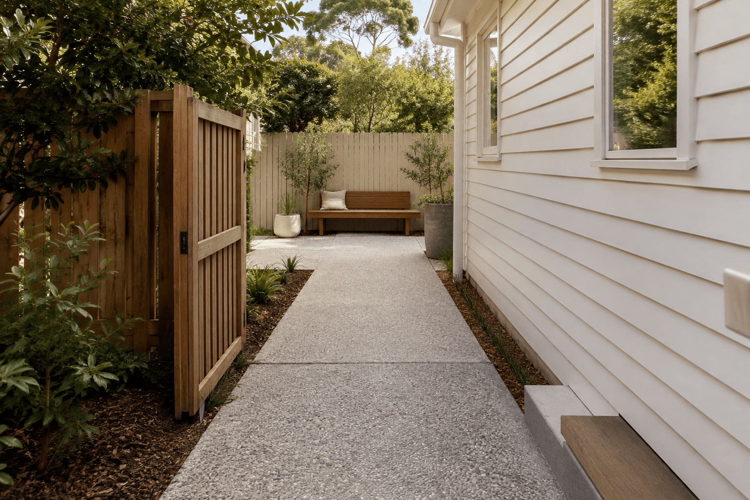 textured aggregate garden pathways beside a light weatherboard house